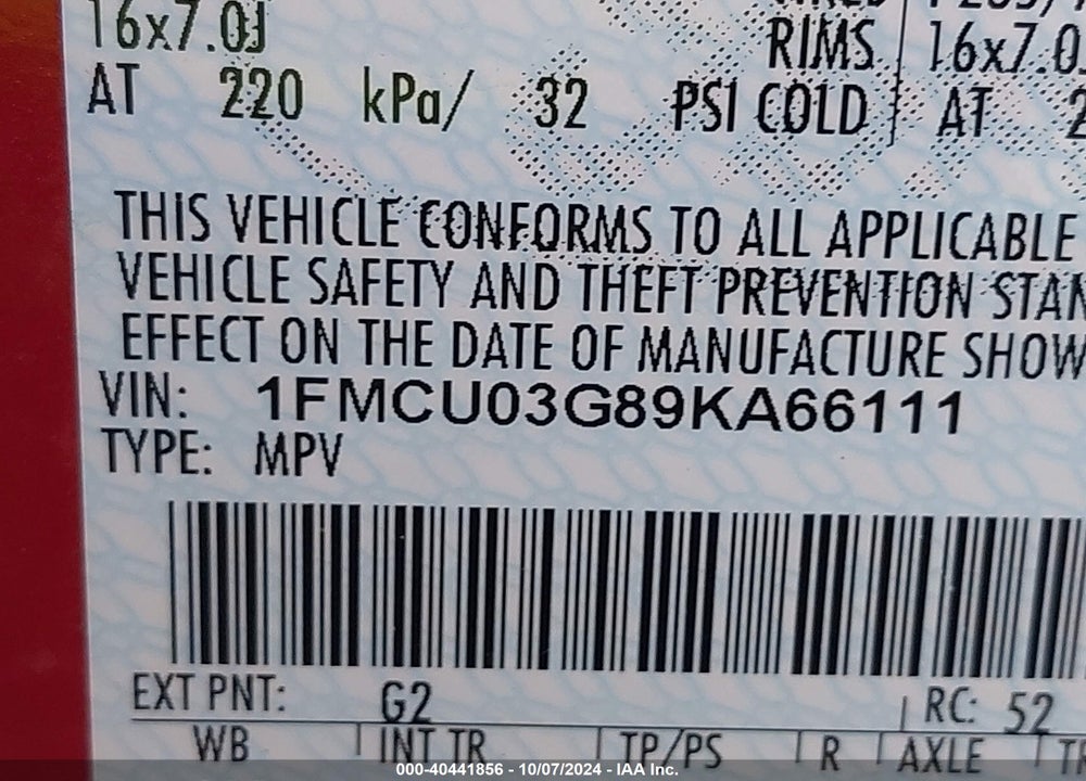 2009 FORD ESCAPE XLT VIN: 1FMCU03G89KA66111