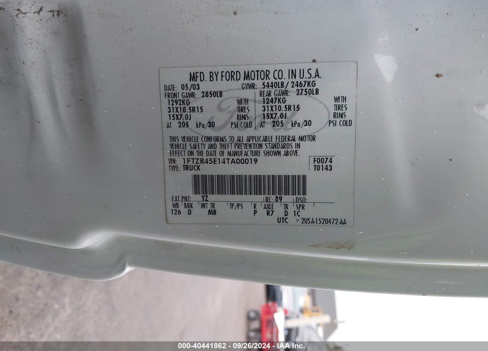 2004 FORD RANGER EDGE/TREMOR/XLT VIN: 1FTZR45E14TA00019