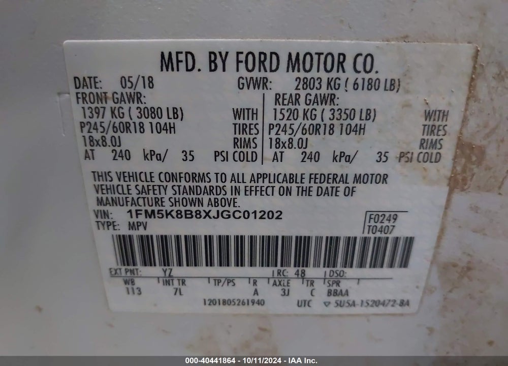 2018 FORD EXPLORER VIN: 1FM5K8B8XJGC01202