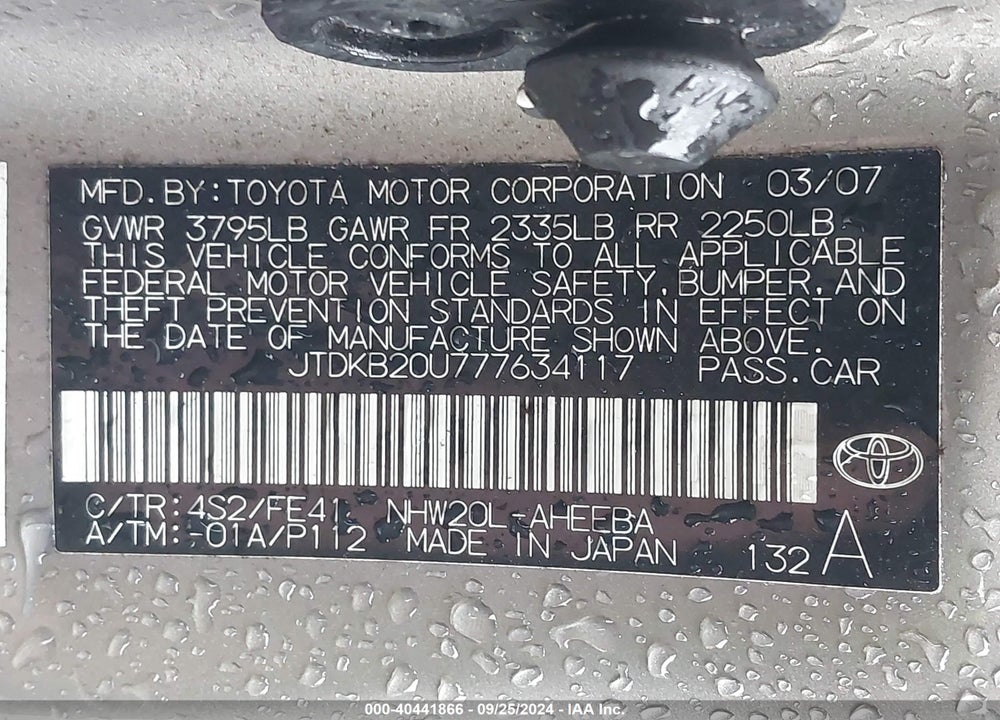 2007 TOYOTA PRIUS VIN: JTDKB20U777634117