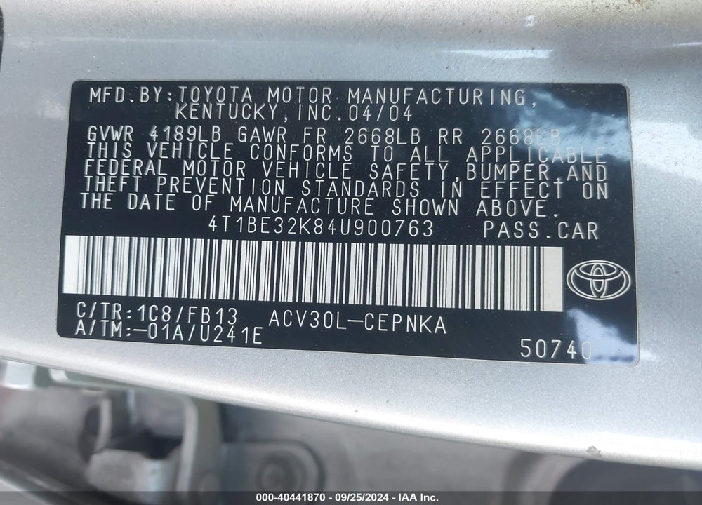 2004 TOYOTA CAMRY LE VIN: 4T1BE32K84U900763