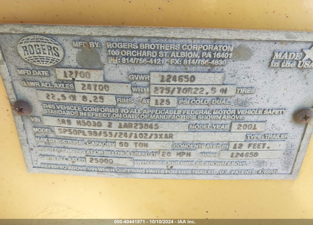 2001 ROGERS BROTHERS CORP TRAILER VIN: 1RBH503021AR23845