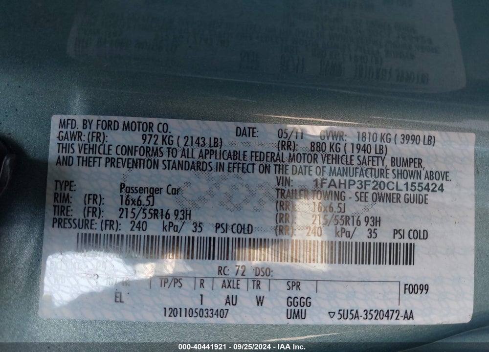 2012 FORD FOCUS SE VIN: 1FAHP3F20CL155424