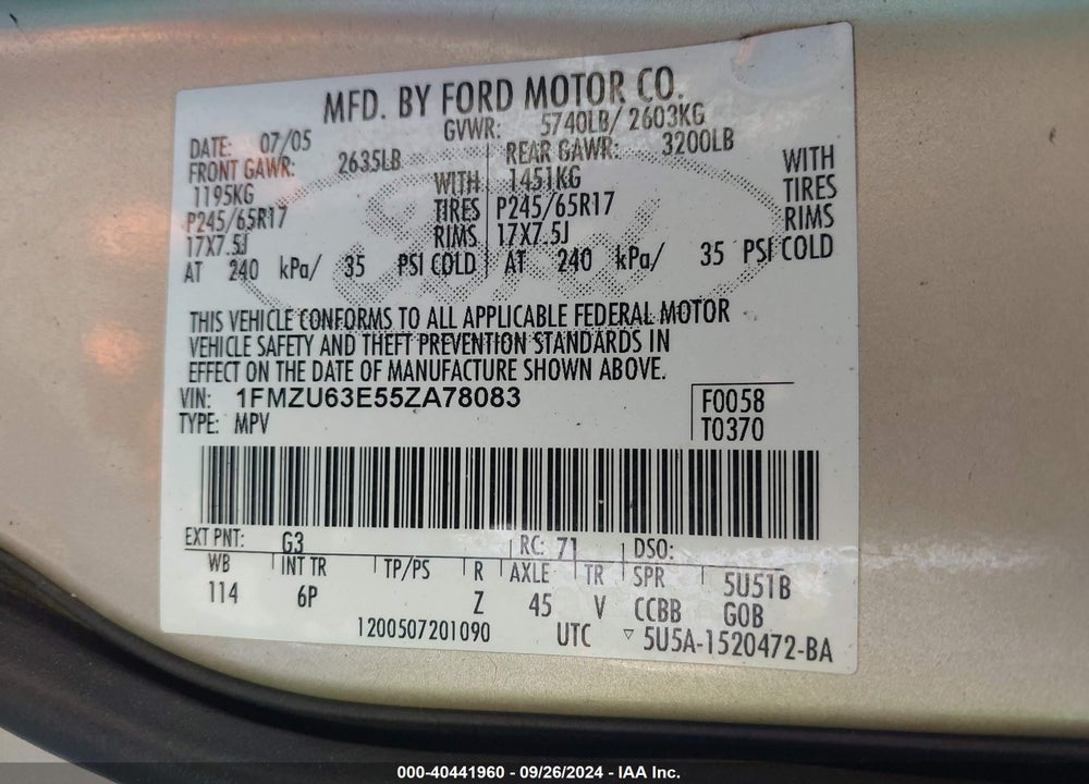 2005 FORD EXPLORER XLT/XLT SPORT VIN: 1FMZU63E55ZA78083