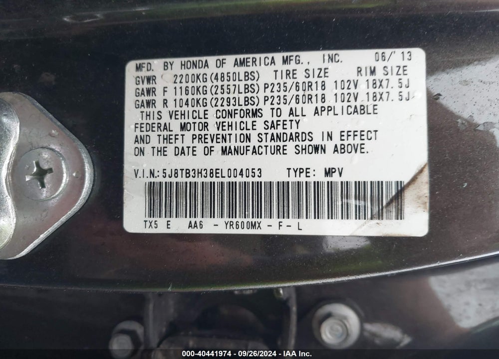 2014 ACURA RDX VIN: 5J8TB3H38EL004053