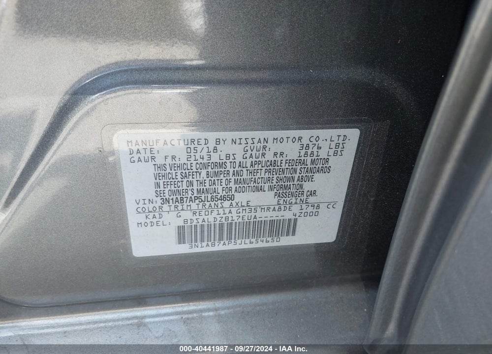 2018 NISSAN SENTRA SV VIN: 3N1AB7AP5JL654650