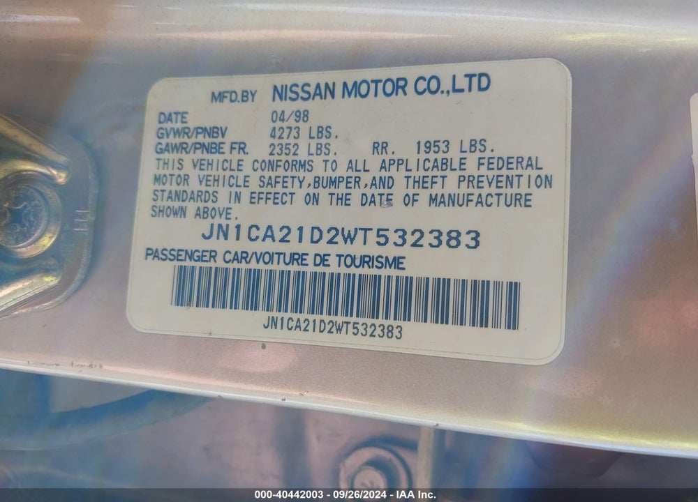 1998 NISSAN MAXIMA GLE/GXE/SE VIN: JN1CA21D2WT532383