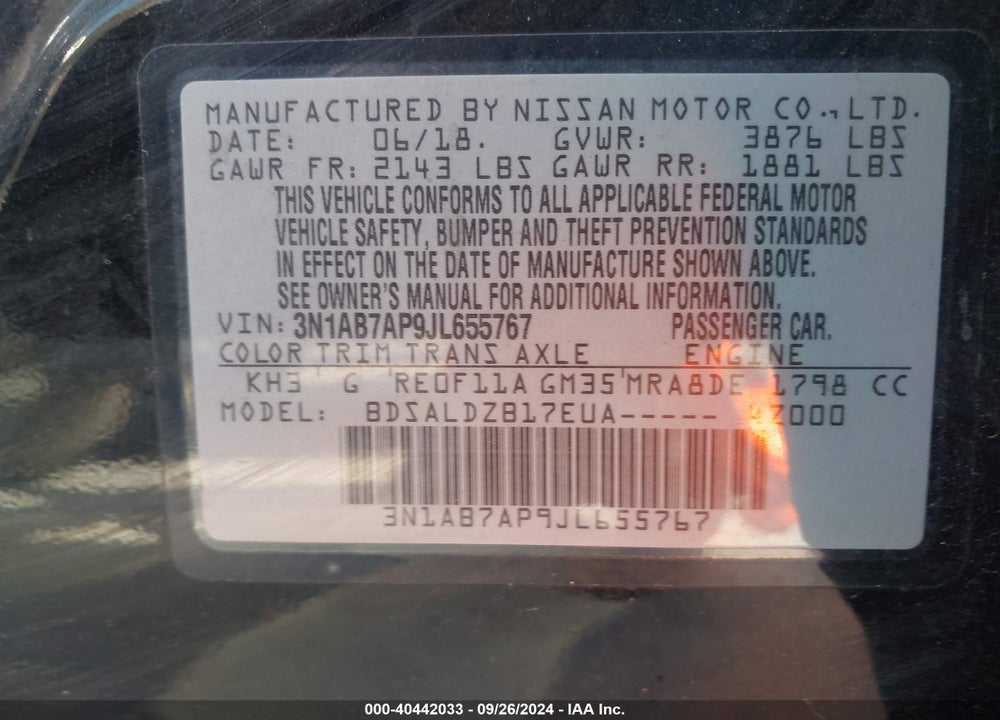 2018 NISSAN SENTRA SV VIN: 3N1AB7AP9JL655767