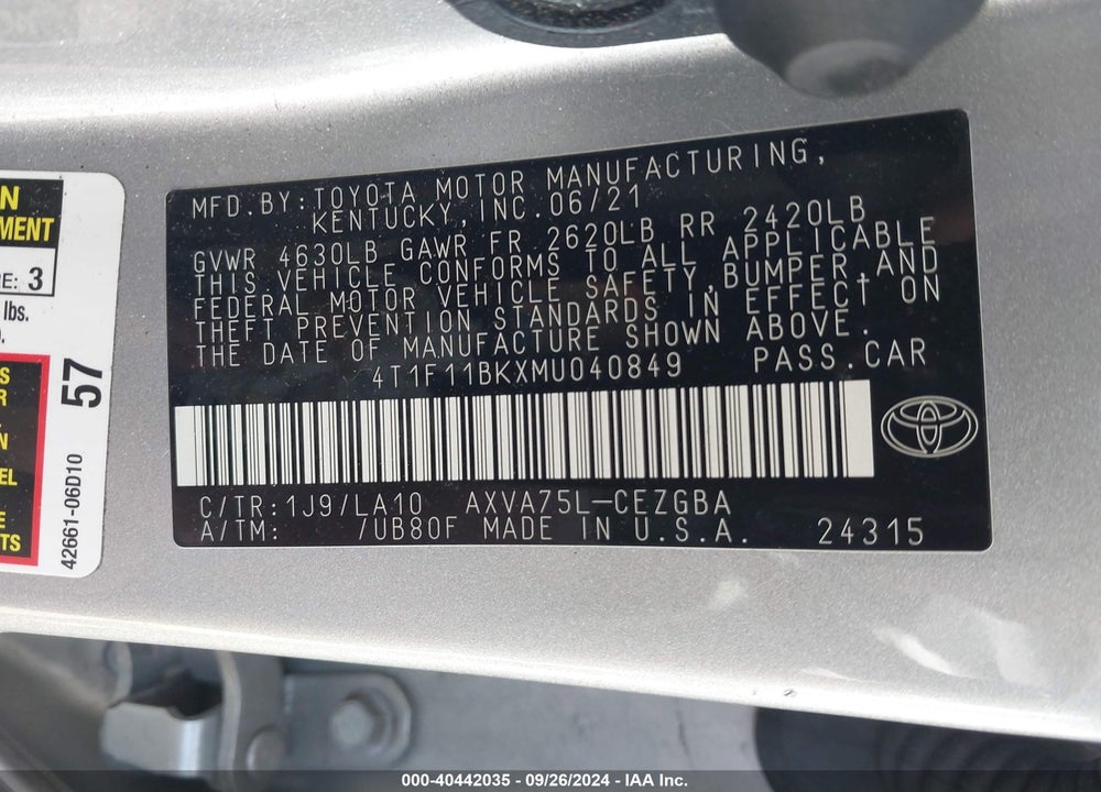 2021 TOYOTA CAMRY XLE AWD VIN: 4T1F11BKXMU040849