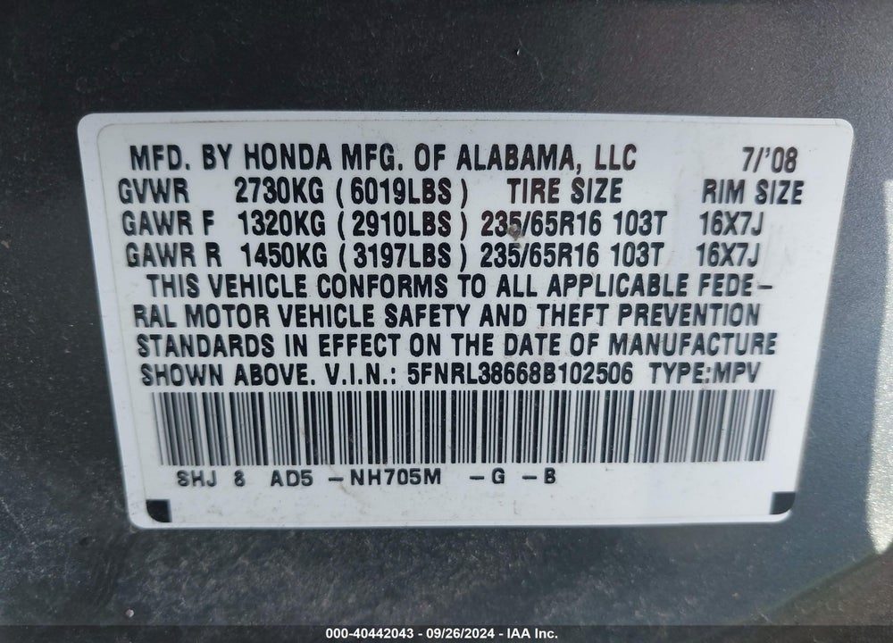 2008 HONDA ODYSSEY EX-L VIN: 5FNRL38668B102506