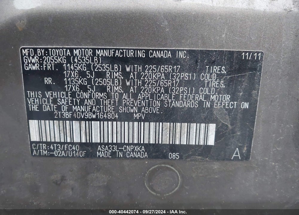 2011 TOYOTA RAV4 VIN: 2T3BF4DV9BW164804