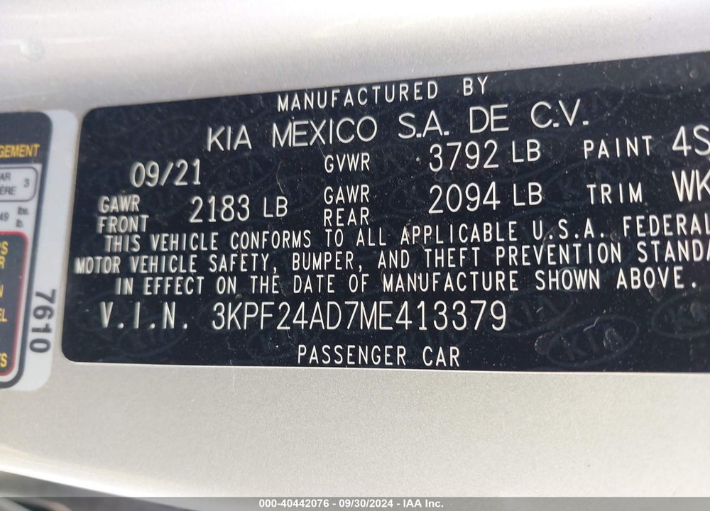2021 KIA FORTE LXS VIN: 3KPF24AD7ME413379