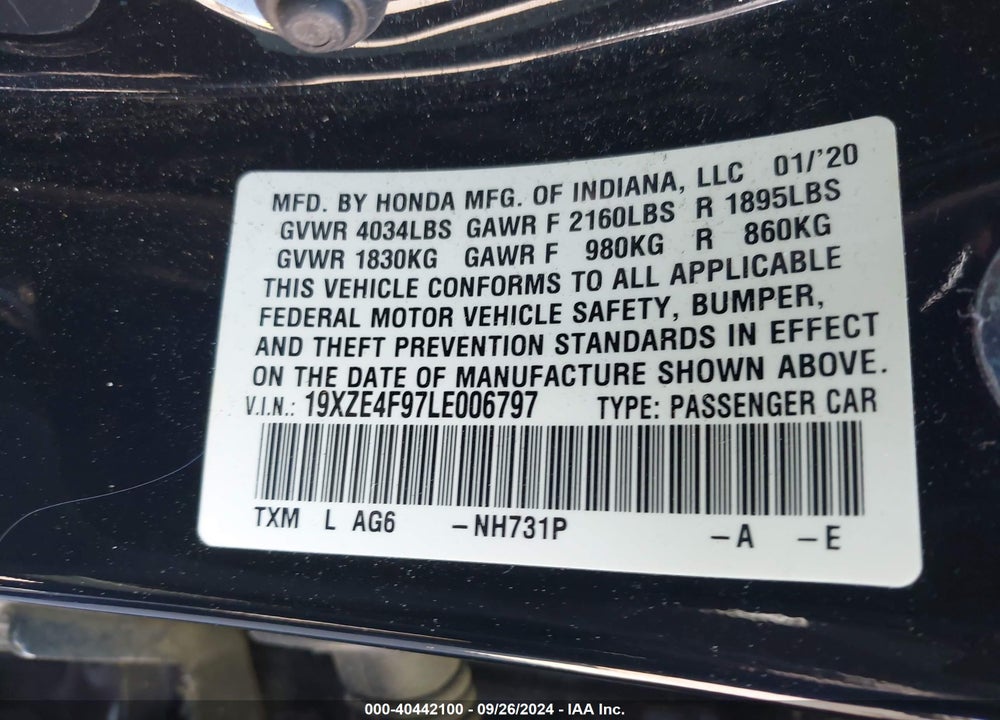 2020 HONDA INSIGHT TOURING VIN: 19XZE4F97LE006797