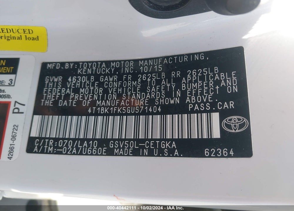 2016 TOYOTA CAMRY XLE V6 VIN: 4T1BK1FK5GU571404