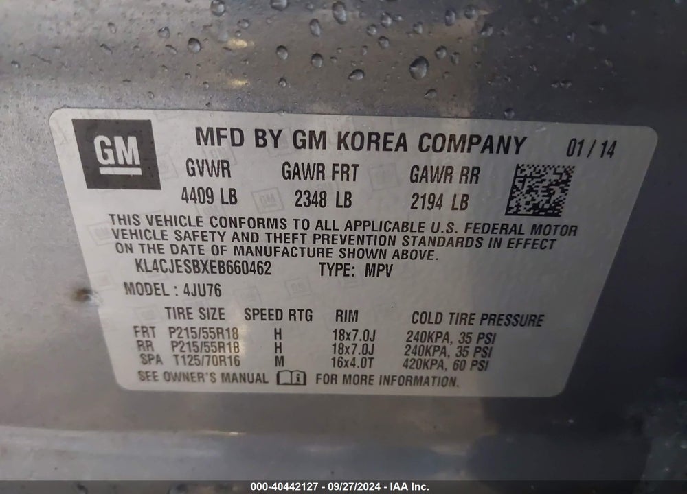 2014 BUICK ENCORE VIN: KL4CJESBXEB660462