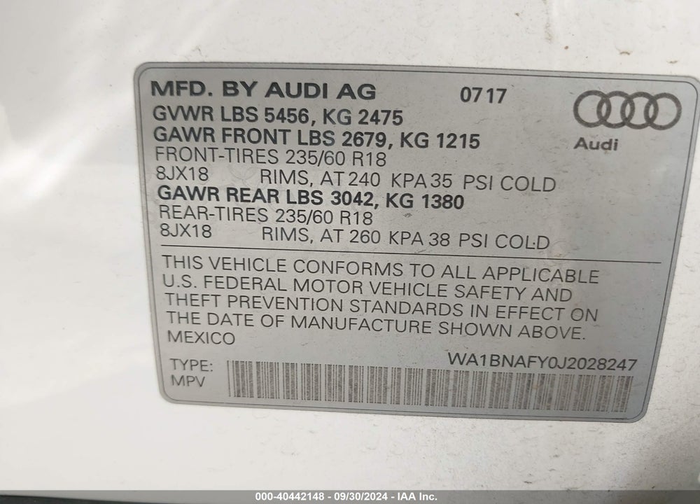 2018 AUDI Q5 2.0T PREMIUM/2.0T TECH PREMIUM VIN: WA1BNAFY0J2028247
