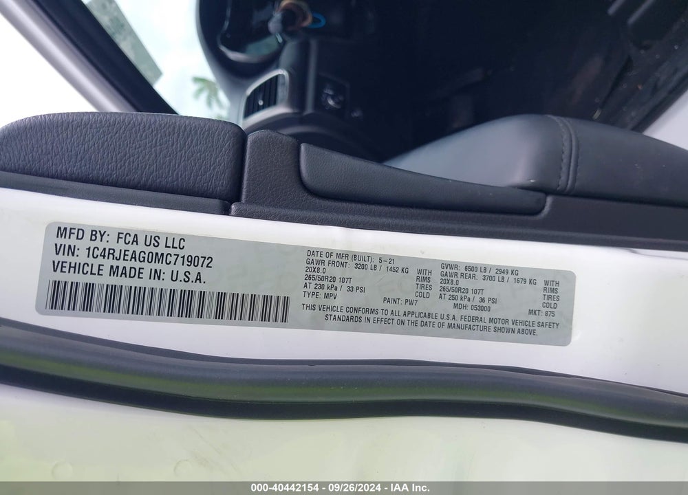 2021 CHEROKEE JEEP GRAND  LAREDO X 4X2 VIN: 1C4RJEAG0MC719072