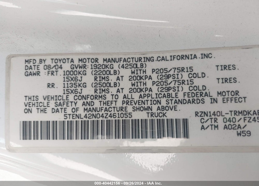 2004 TOYOTA TACOMA VIN: 5TENL42N04Z461055