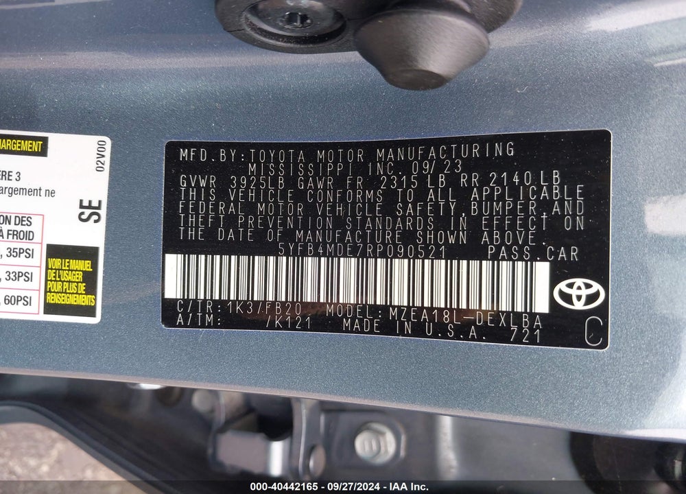 2024 TOYOTA COROLLA LE VIN: 5YFB4MDE7RP090521