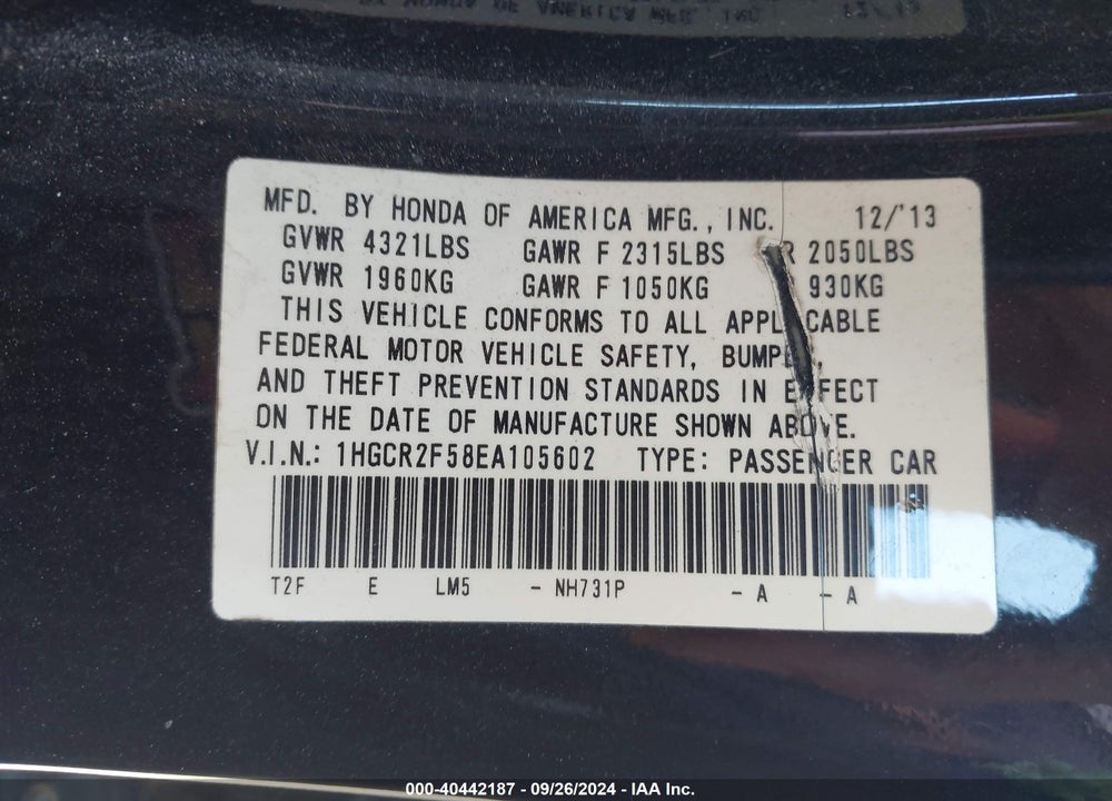 2014 HONDA ACCORD SPORT VIN: 1HGCR2F58EA105602
