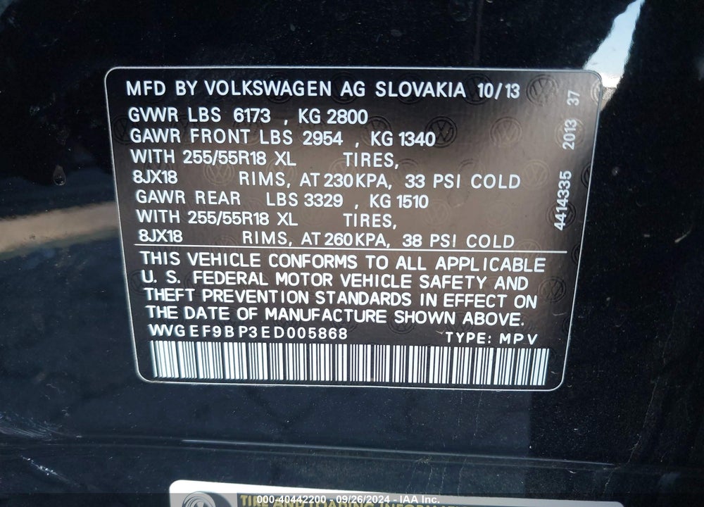 2014 VOLKSWAGEN TOUAREG 3.6L SPORT VIN: WVGEF9BP3ED005868
