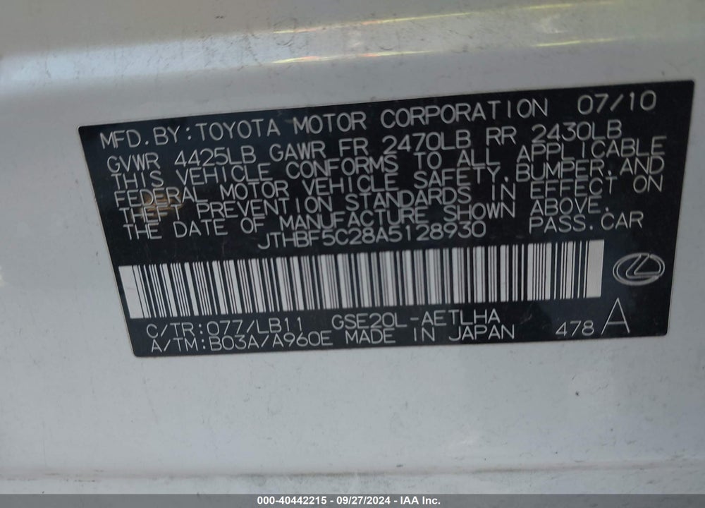 2010 LEXUS IS 250 VIN: JTHBF5C28A5128930
