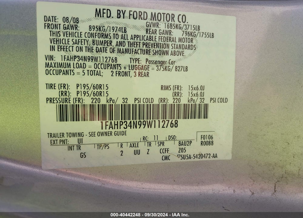 2009 FORD FOCUS S VIN: 1FAHP34N99W112768
