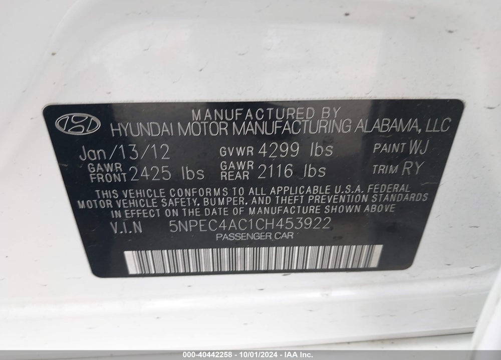 2012 HYUNDAI SONATA LIMITED VIN: 5NPEC4AC1CH453922