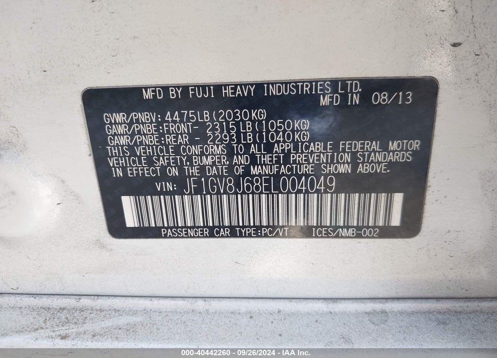 2014 SUBARU IMPREZA WRX STI VIN: JF1GV8J68EL004049