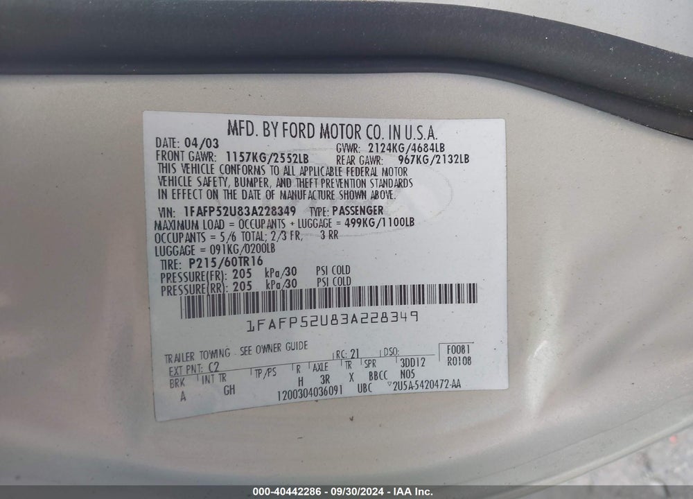2003 FORD TAURUS LX VIN: 1FAFP52U83A228349