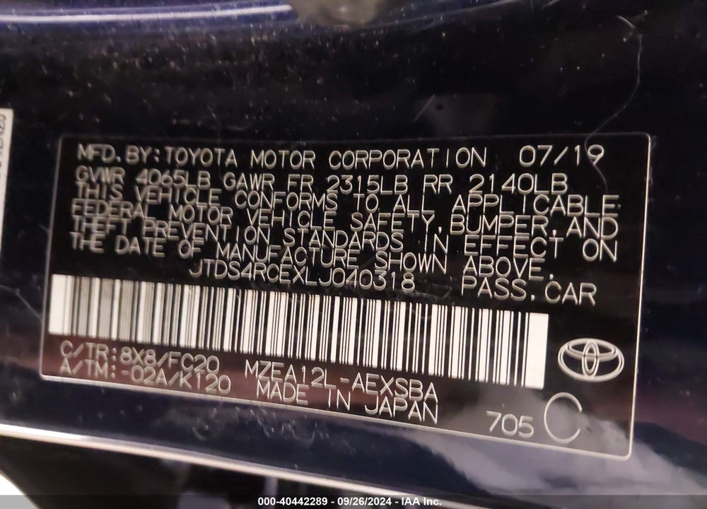 2020 TOYOTA COROLLA SE VIN: JTDS4RCEXLJ040318