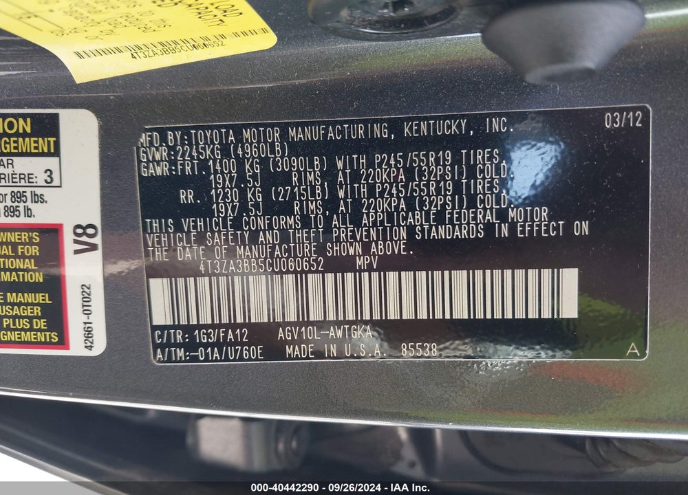 2012 TOYOTA VENZA LE VIN: 4T3ZA3BB5CU060652