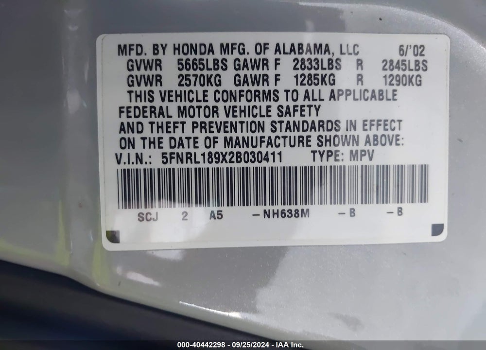 2002 HONDA ODYSSEY EX-L VIN: 5FNRL189X2B030411