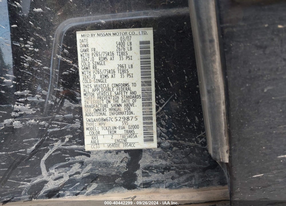 2007 NISSAN XTERRA OFF ROAD VIN: 5N1AN08W67C529875