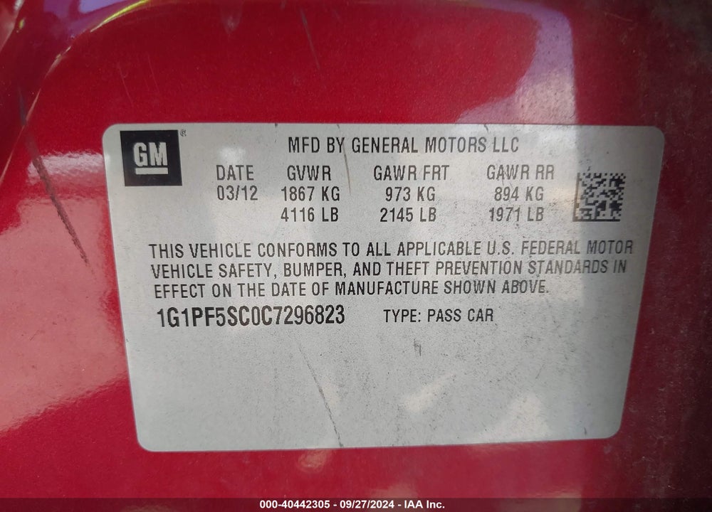 2012 CHEVROLET CRUZE 1LT VIN: 1G1PF5SC0C7296823