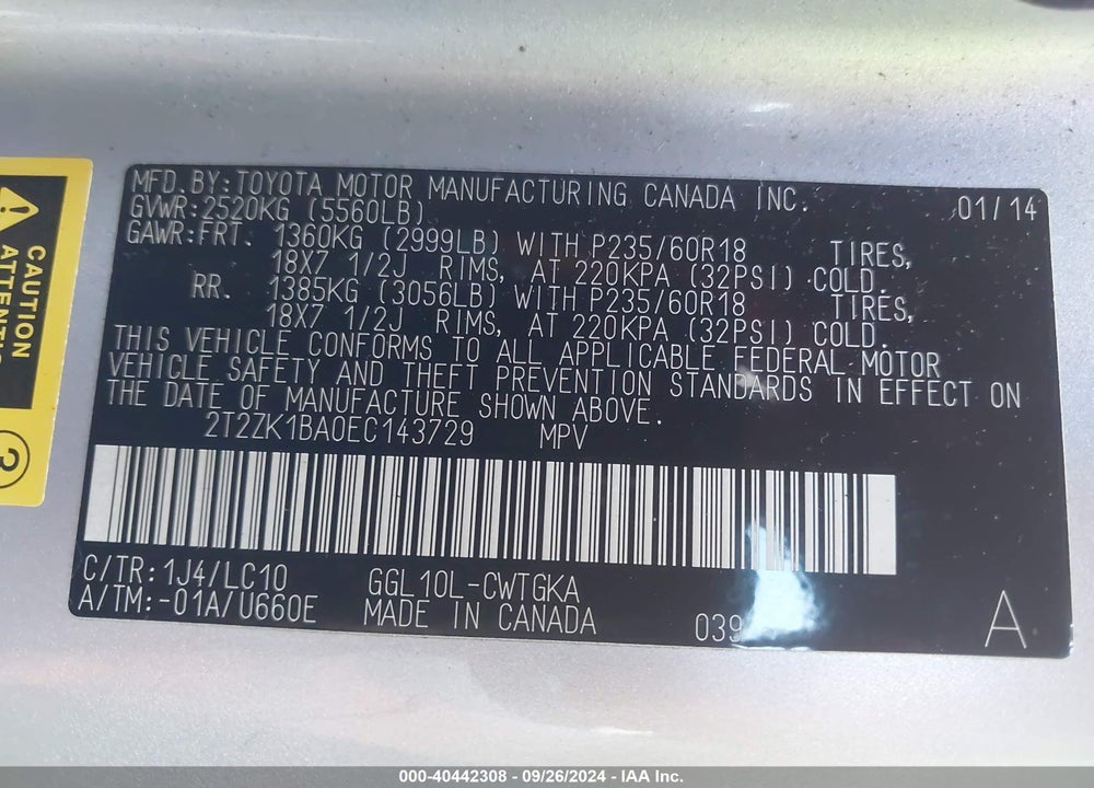 2014 LEXUS RX 350 VIN: 2T2ZK1BA0EC143729