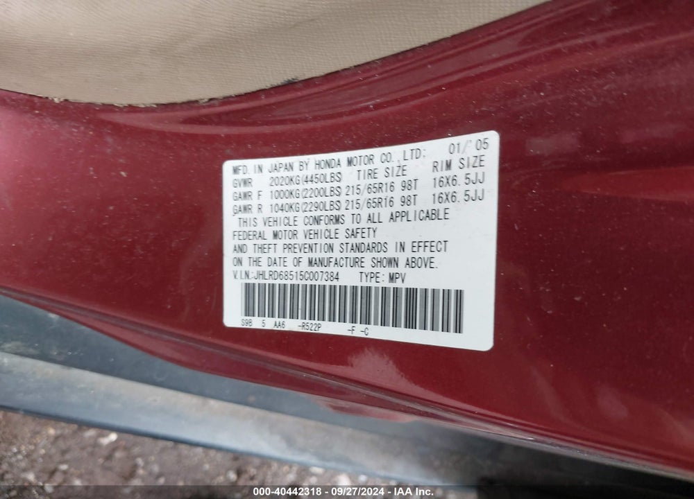 2005 HONDA CR-V LX VIN: JHLRD68515C007384