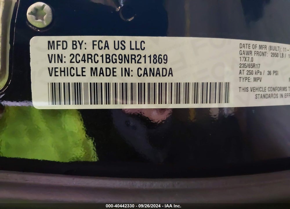 2022 CHRYSLER PACIFICA TOURING L VIN: 2C4RC1BG9NR211869