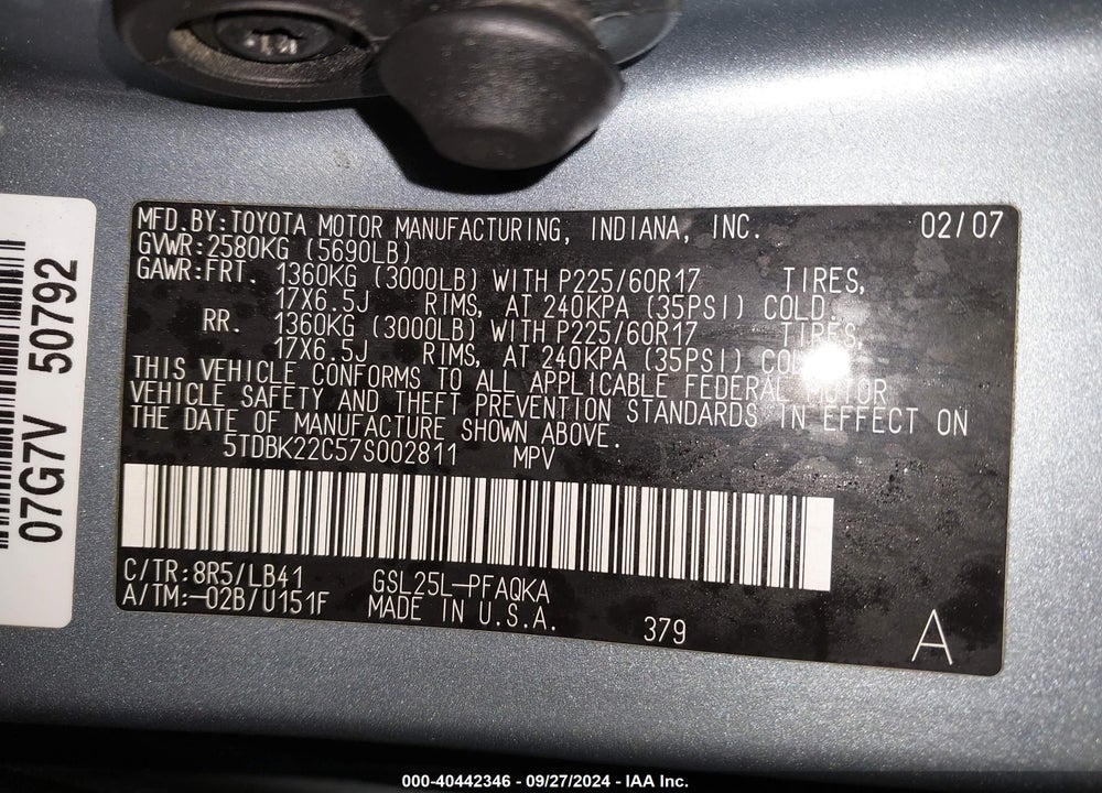 2007 TOYOTA SIENNA XLE VIN: 5TDBK22C57S002811