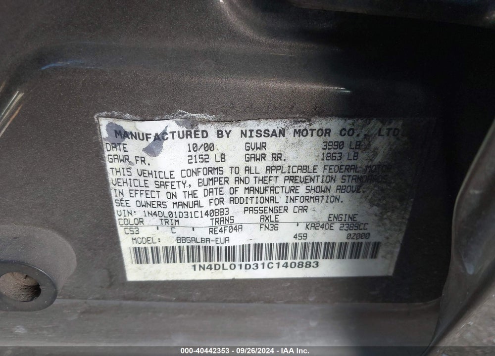 2001 NISSAN ALTIMA GXE VIN: 1N4DL01D31C140883