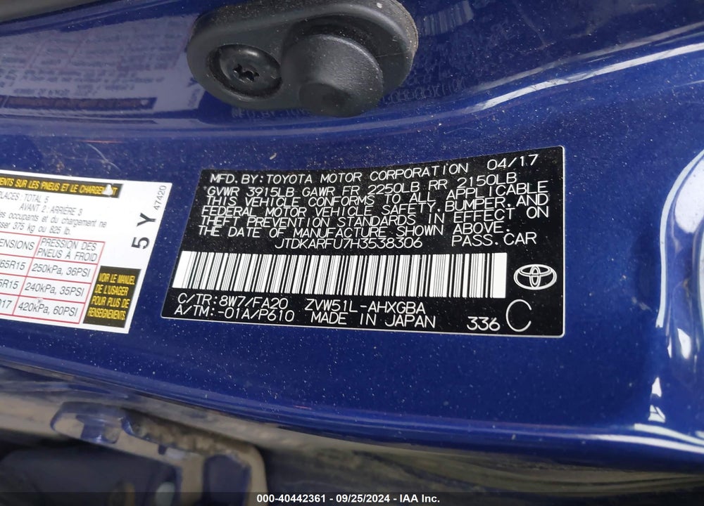 2017 TOYOTA PRIUS VIN: JTDKARFU7H3538306