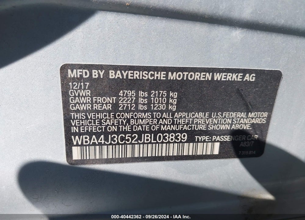 2018 BMW 430I GRAN COUPE XDRIVE VIN: WBA4J3C52JBL03839
