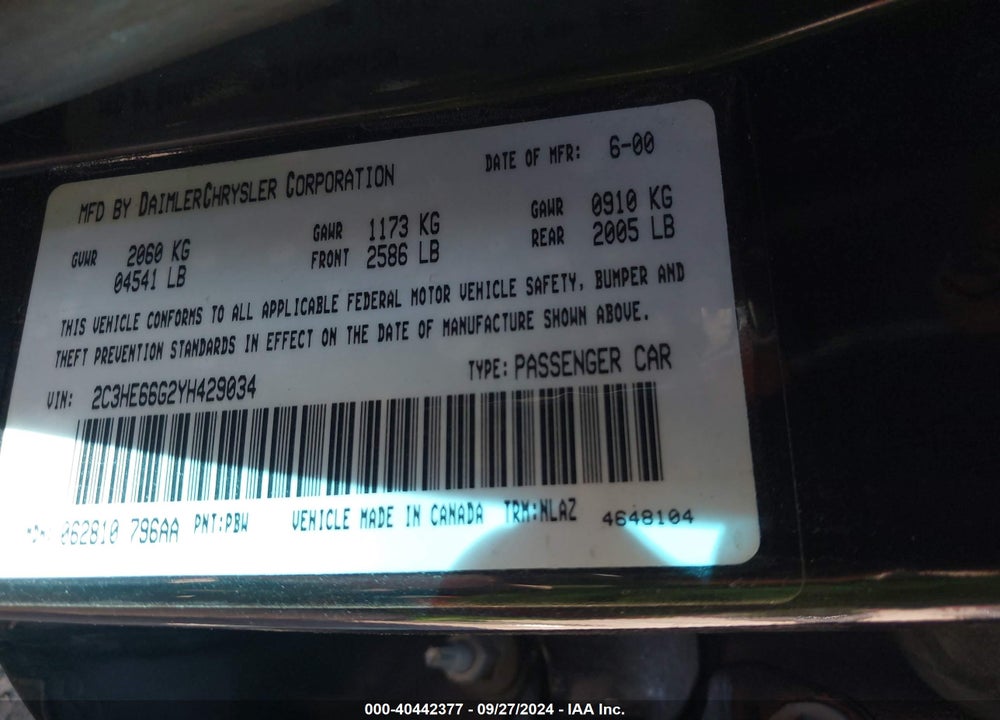 2000 CHRYSLER 300M VIN: 2C3HE66G2YH429034