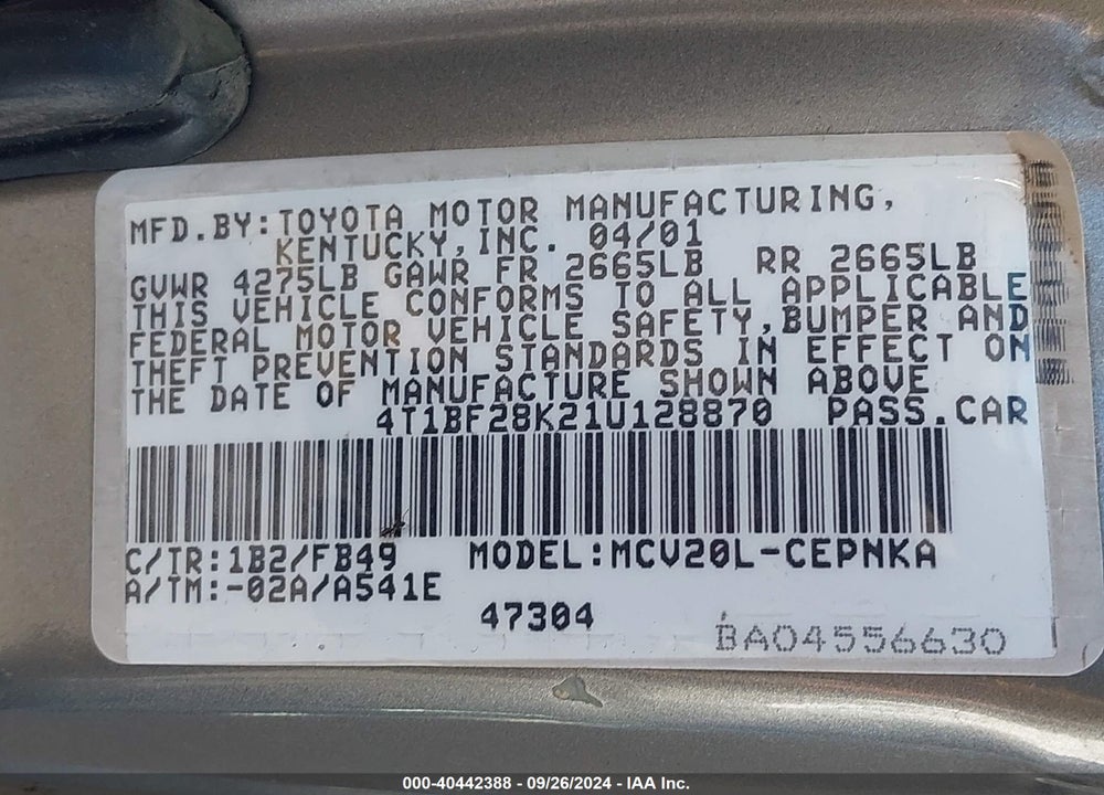 2001 TOYOTA CAMRY LE V6 VIN: 4T1BF28K21U128870