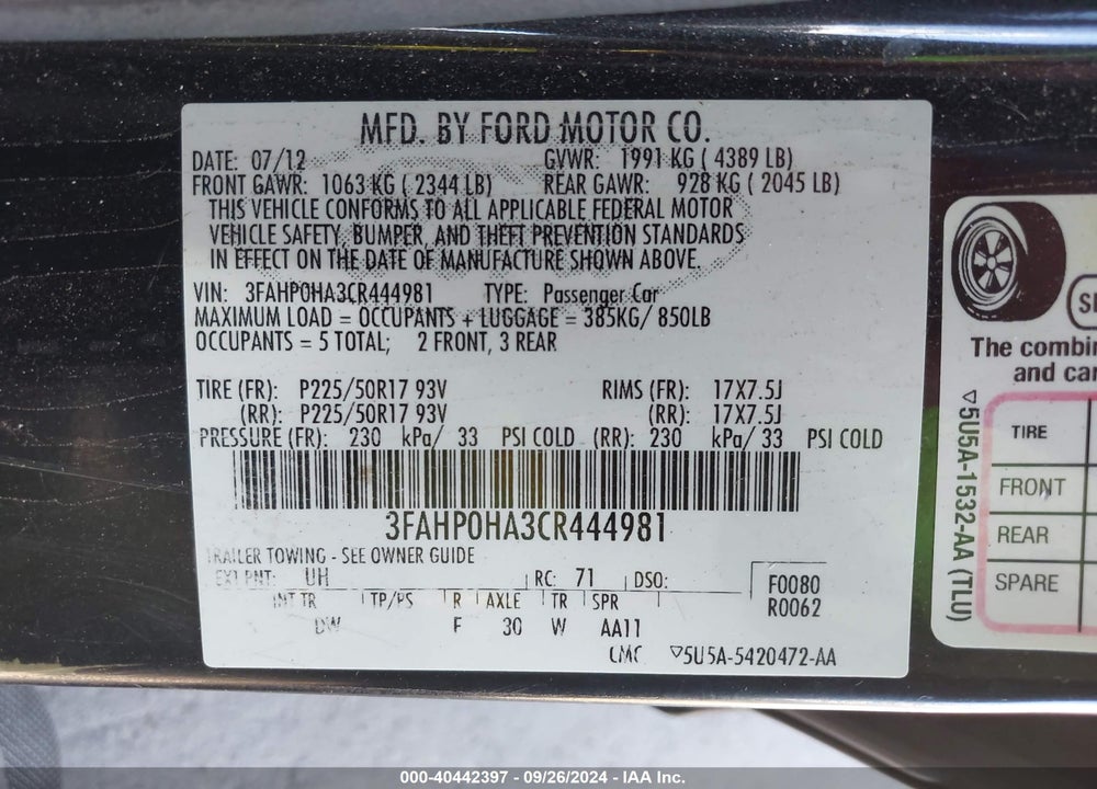 2012 FORD FUSION SE VIN: 3FAHP0HA3CR444981