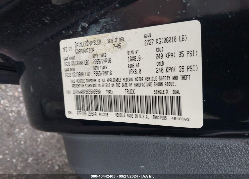 2006 DODGE DAKOTA SLT VIN: 1D7HW48K96S506590