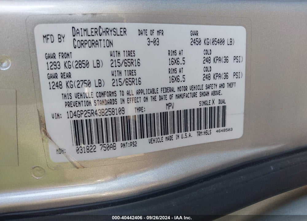 2003 DODGE CARAVAN SE VIN: 1D4GP25R43B258109