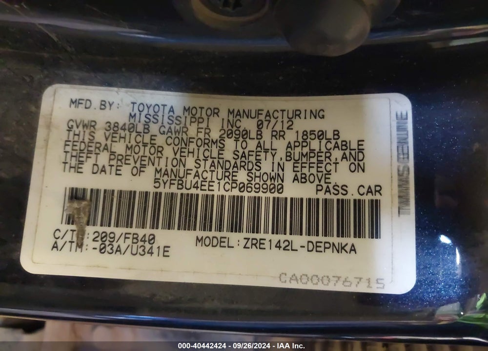 2012 TOYOTA COROLLA LE VIN: 5YFBU4EE1CP069900