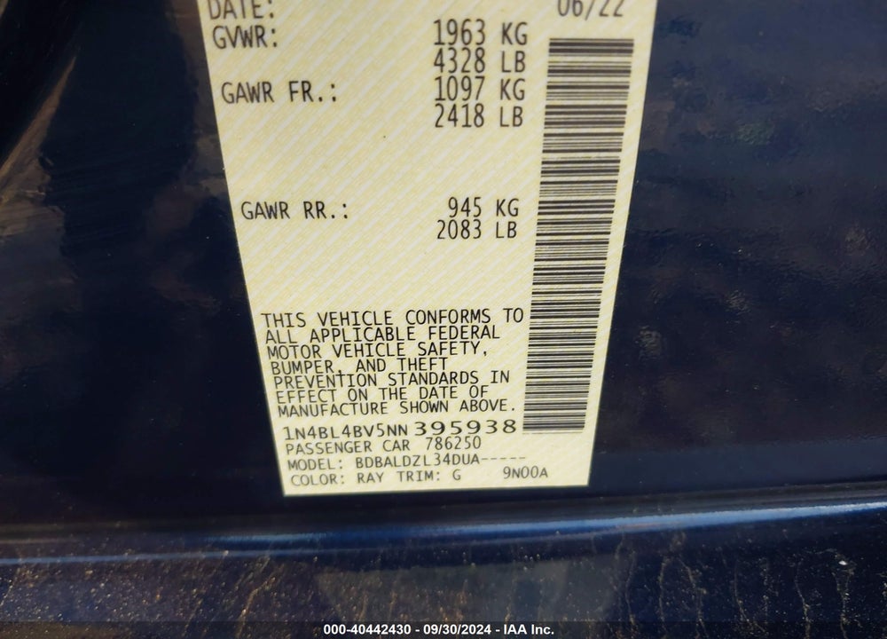 2022 NISSAN ALTIMA S FWD VIN: 1N4BL4BV5NN395938