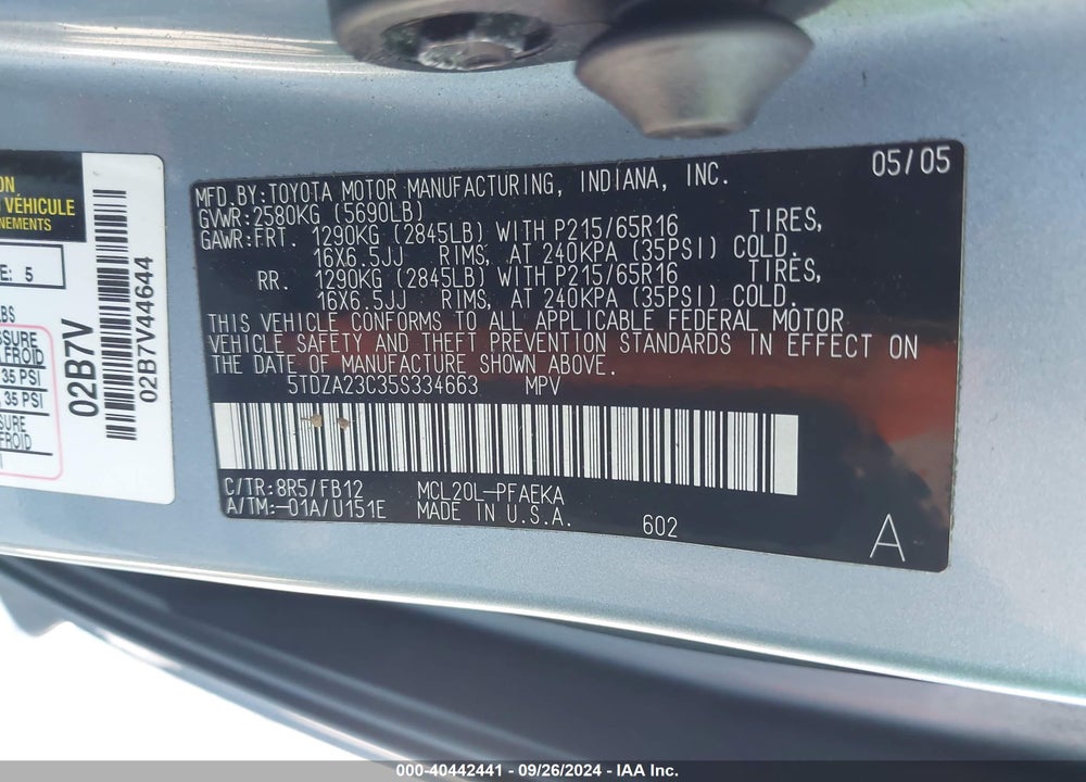 2005 TOYOTA SIENNA LE VIN: 5TDZA23C35S334663